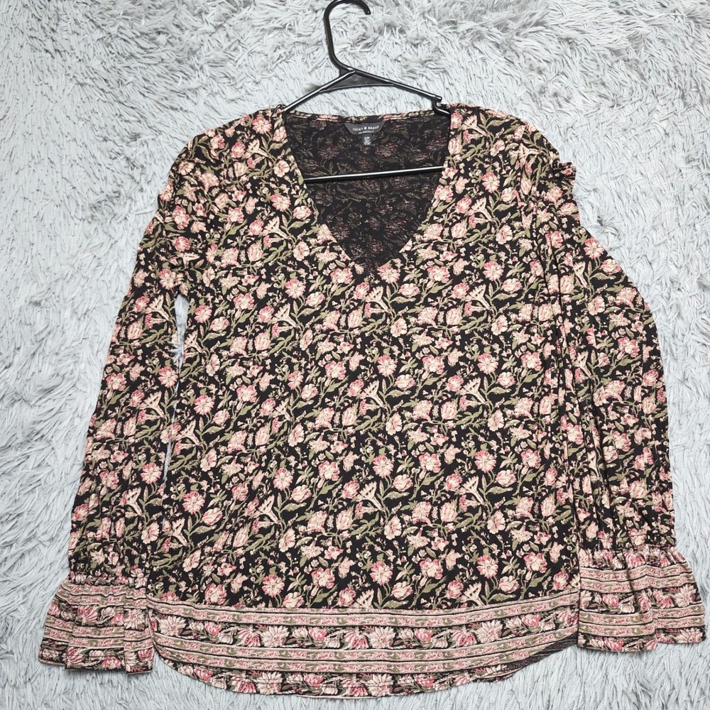 Lucky Brand Top Womens Small Floral Cotton V Neck Long Sleeve Blouse Black Pink
